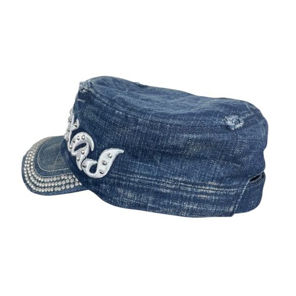 Y2K Texas Jeweled Distressed Denim Army Hat Blue Cotton Cap Adjustable Ones Size - Picture 3 of 9